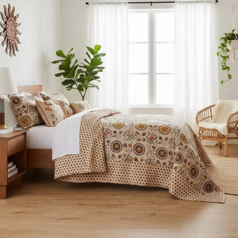 NEW Anthropologie Multicolor Retro Boho Quilt Bedspread Bedding & Sham Set